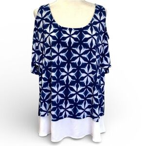 Karen Kane Blue White Cold Shoulder Liquid Knit Top Blouse Size 2X